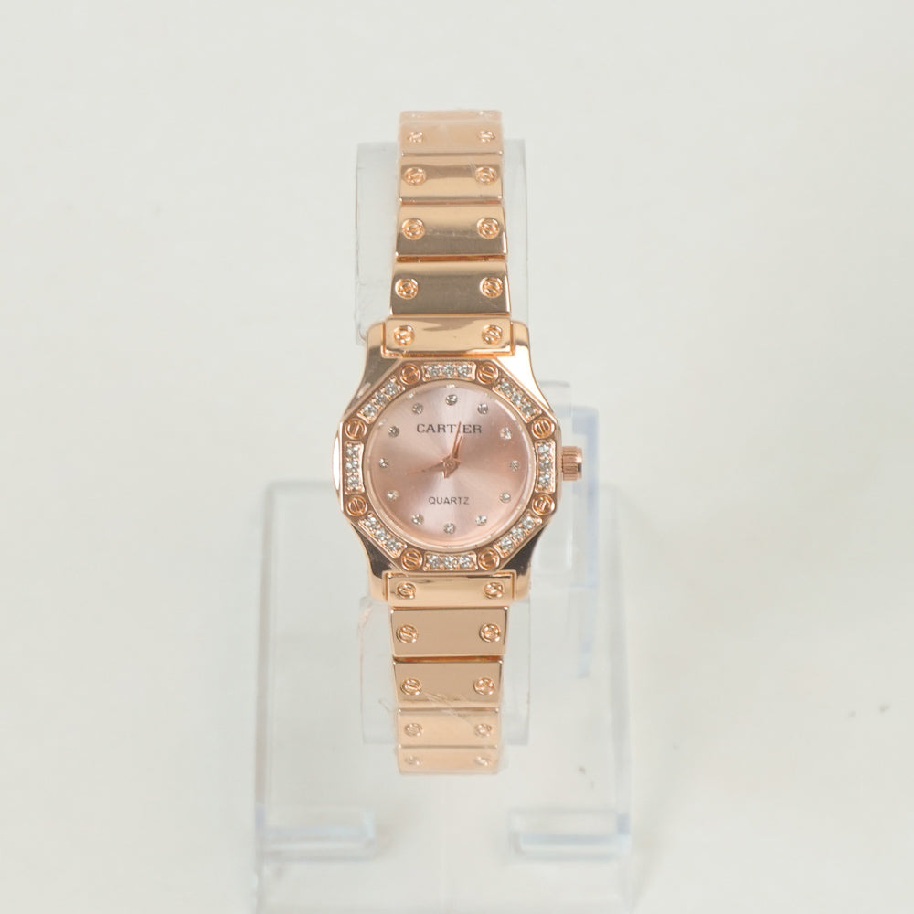 Women Stone Design Chain Wrist Watch Rosegold Pink