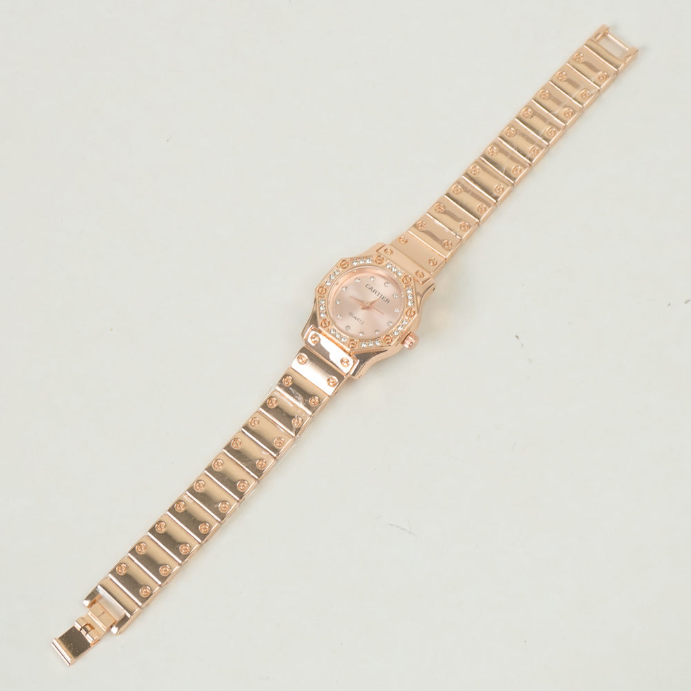 Women Stone Design Chain Wrist Watch Rosegold Pink