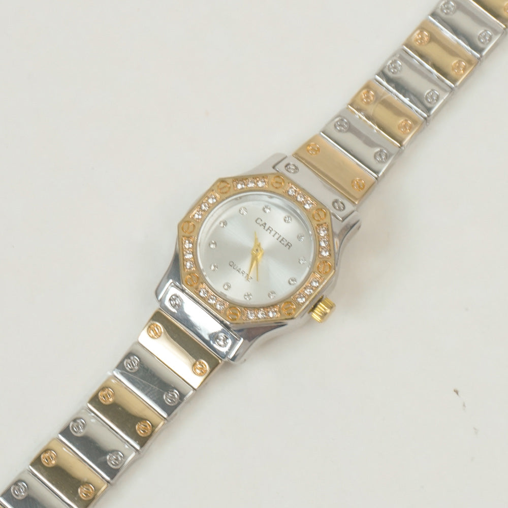 Two Tone Women Stone Design Chain Wrist Watch Golden White