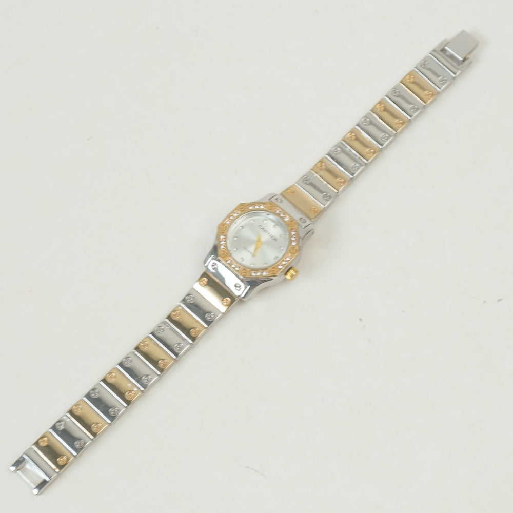 Two Tone Women Stone Design Chain Wrist Watch Golden White