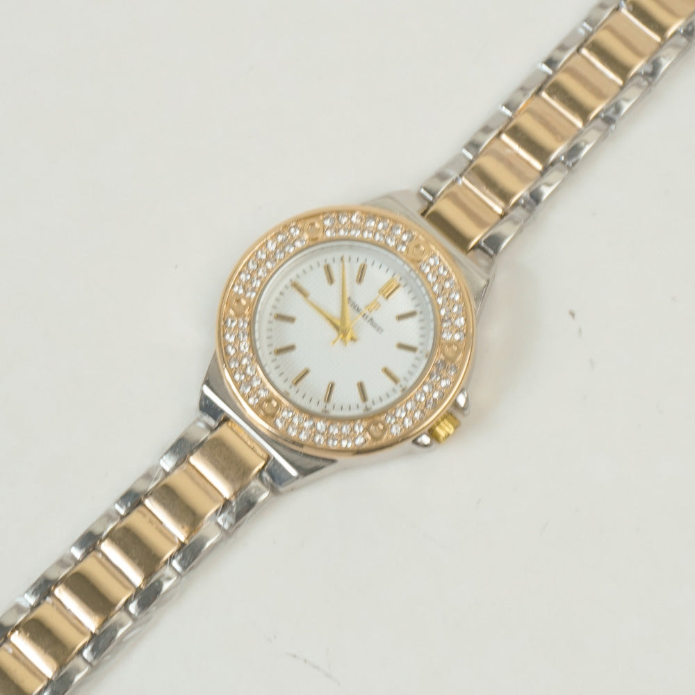 Two Tone Women Stone Design Chain Wrist Watch Golden White