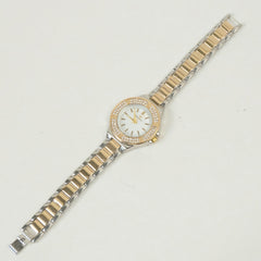 Two Tone Women Stone Design Chain Wrist Watch Golden White