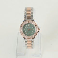 Two Tone Women Stone Design Chain Wrist Watch Rosegold Green