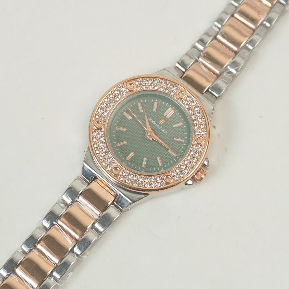 Two Tone Women Stone Design Chain Wrist Watch Rosegold Green