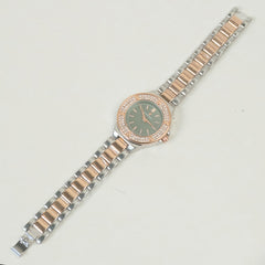 Two Tone Women Stone Design Chain Wrist Watch Rosegold Green