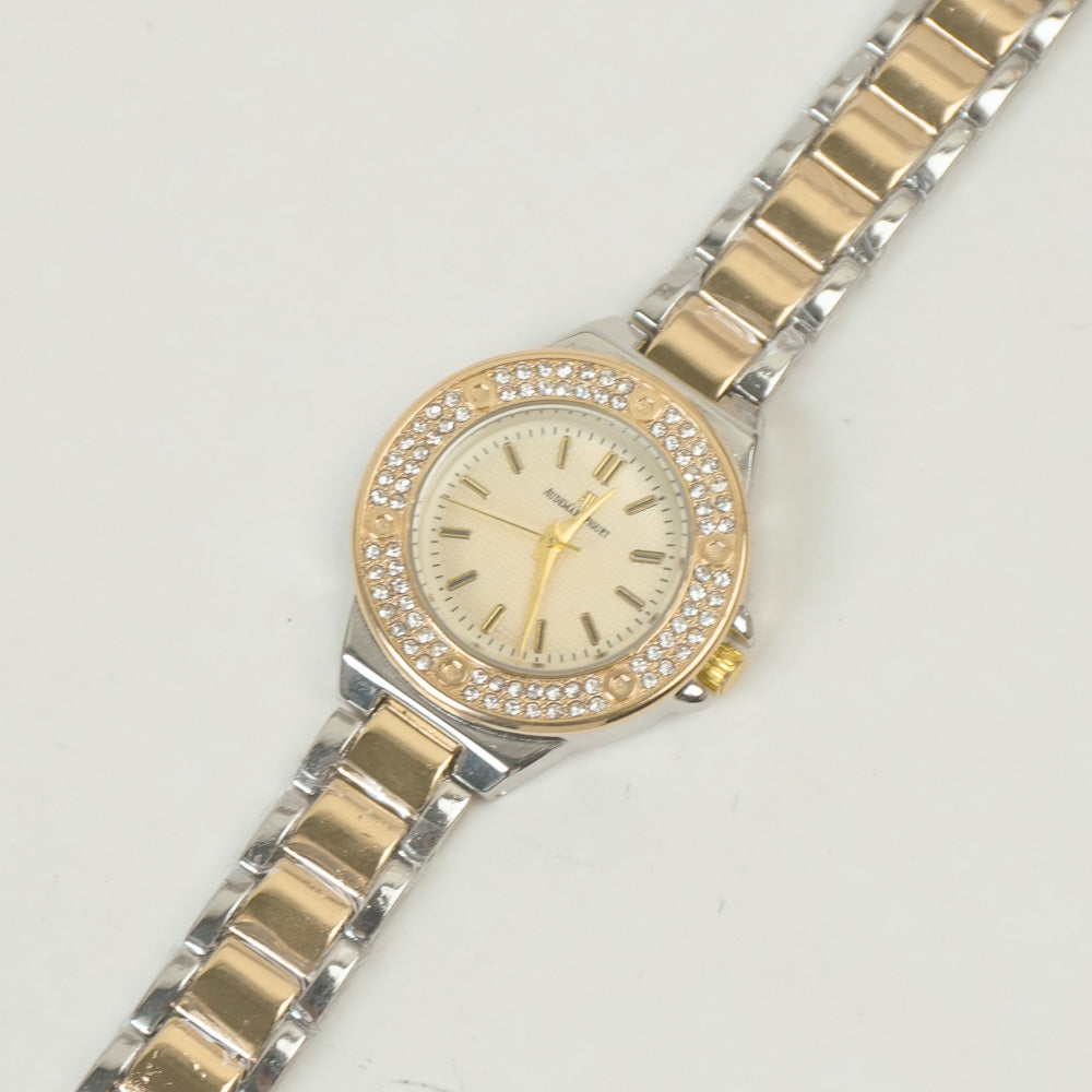 Two Tone Women Stone Design Chain Wrist Watch Golden