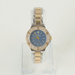 Two Tone Women Stone Design Chain Wrist Watch Golden Blue