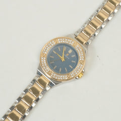 Two Tone Women Stone Design Chain Wrist Watch Golden Blue