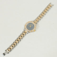 Two Tone Women Stone Design Chain Wrist Watch Golden Blue