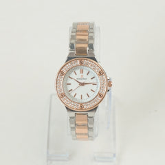 Two Tone Women Stone Design Chain Wrist Watch Rosegold White