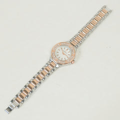 Two Tone Women Stone Design Chain Wrist Watch Rosegold White