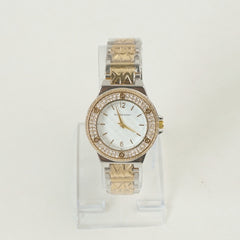 Two Tone Women Stone Design Chain Wrist Watch Golden White