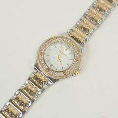 Two Tone Women Stone Design Chain Wrist Watch Golden White