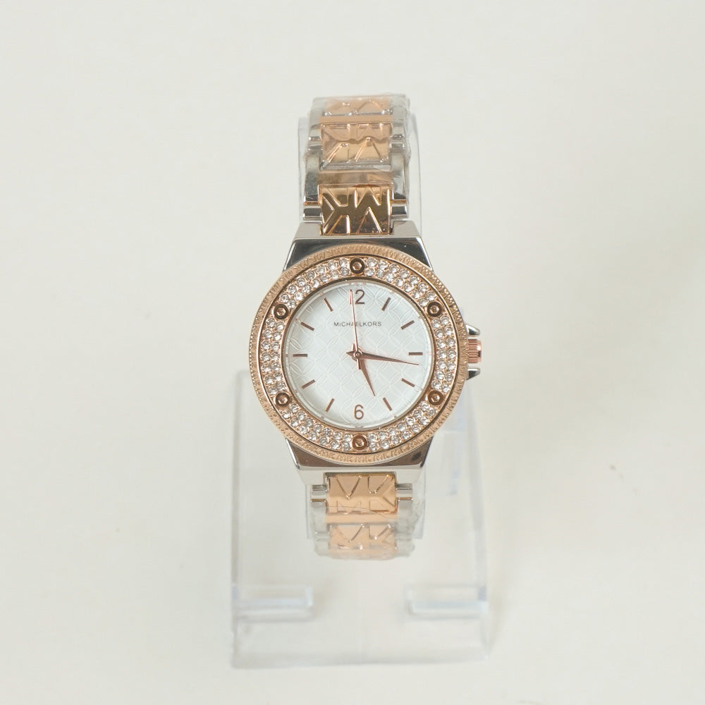 Two Tone Women Stone Design Chain Wrist Watch Rosegold White