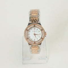 Two Tone Women Stone Design Chain Wrist Watch Rosegold White