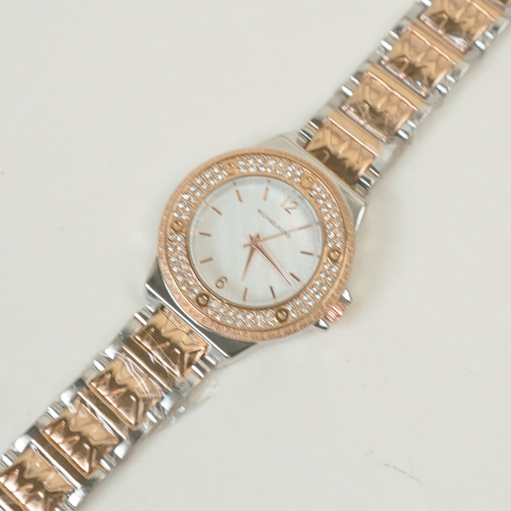 Two Tone Women Stone Design Chain Wrist Watch Rosegold White