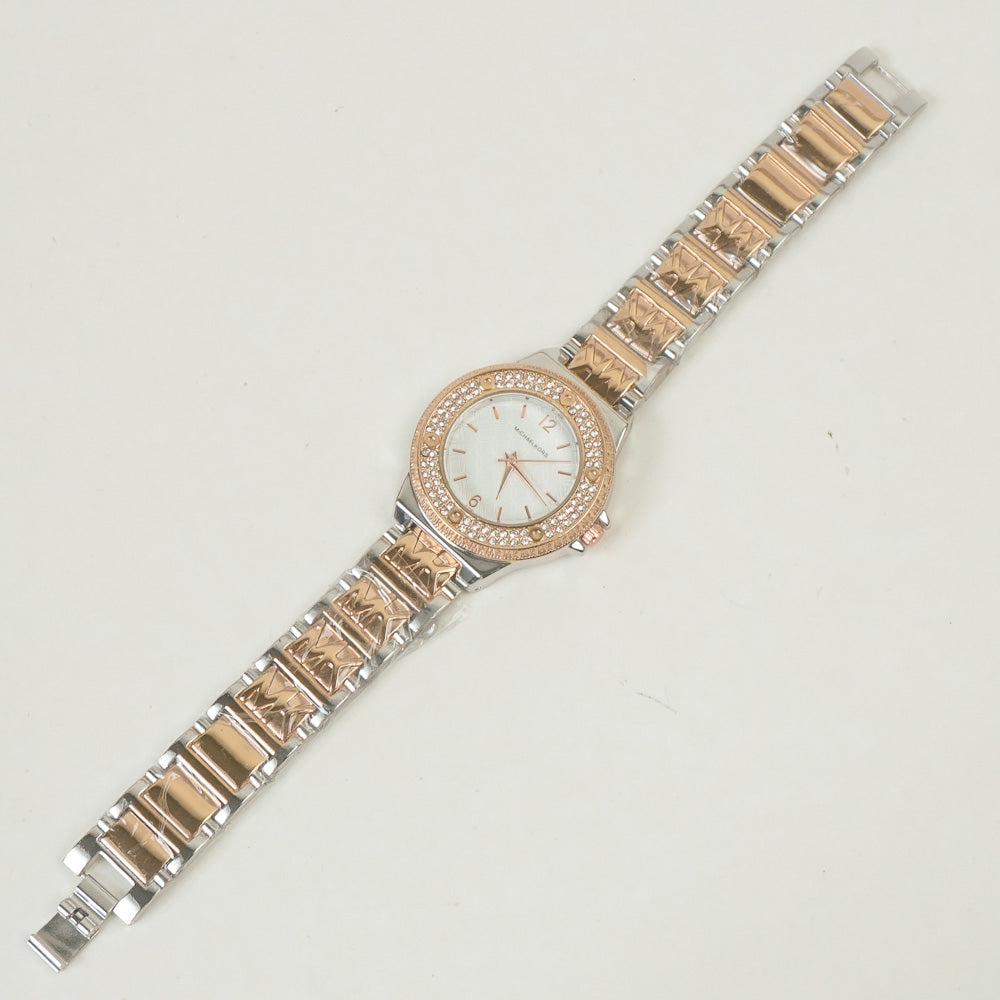 Two Tone Women Stone Design Chain Wrist Watch Rosegold White