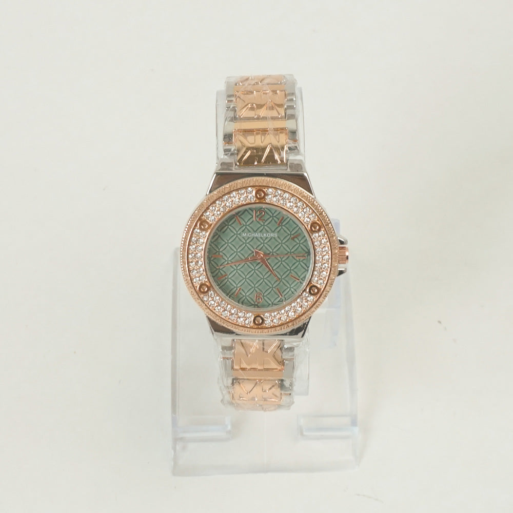 Two Tone Women Stone Design Chain Wrist Watch Rosegold Green