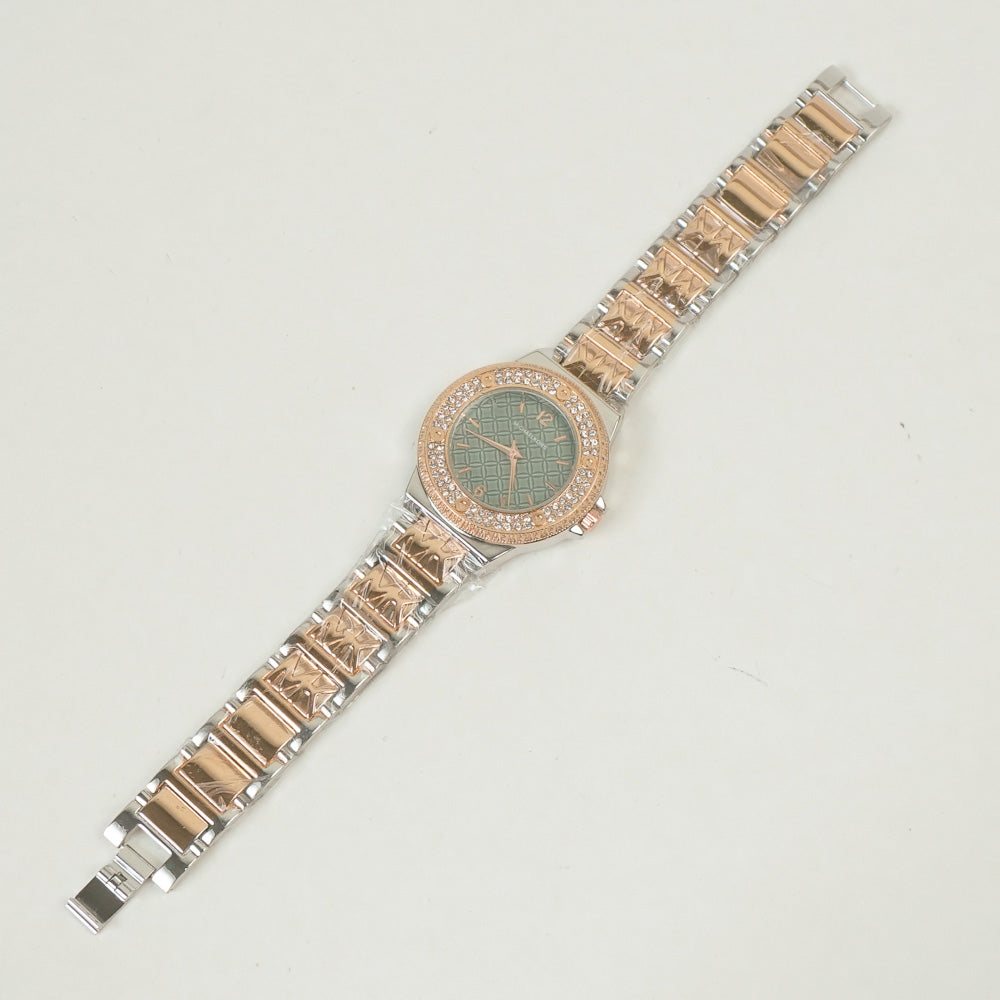 Two Tone Women Stone Design Chain Wrist Watch Rosegold Green