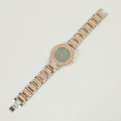 Two Tone Women Stone Design Chain Wrist Watch Rosegold Green