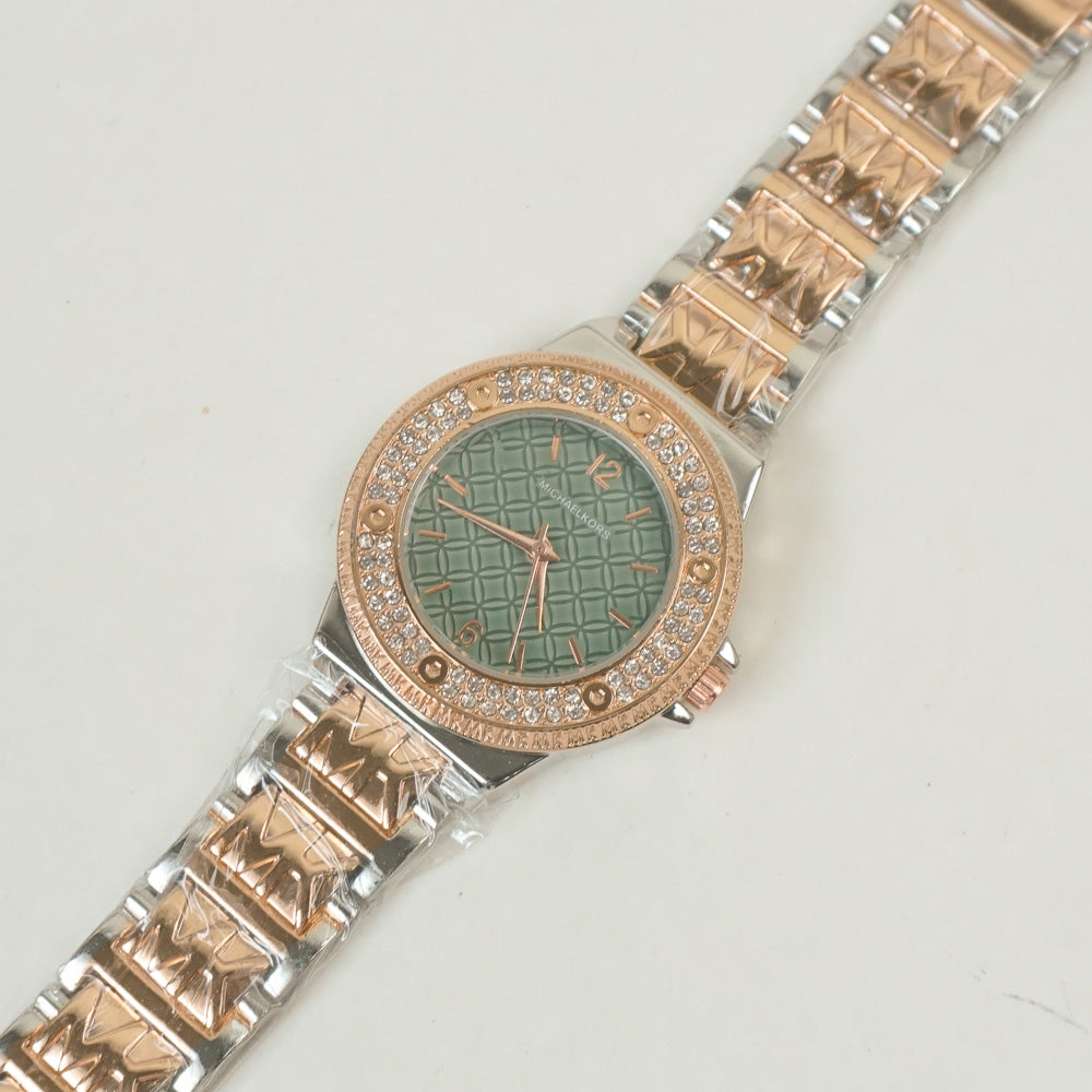 Two Tone Women Stone Design Chain Wrist Watch Rosegold Green