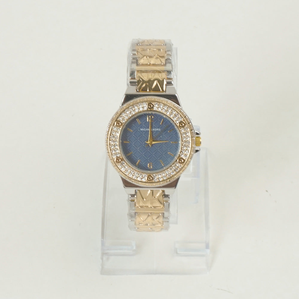 Two Tone Women Stone Design Chain Wrist Watch Golden Blue