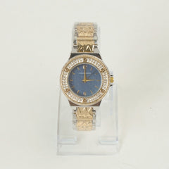 Two Tone Women Stone Design Chain Wrist Watch Golden Blue