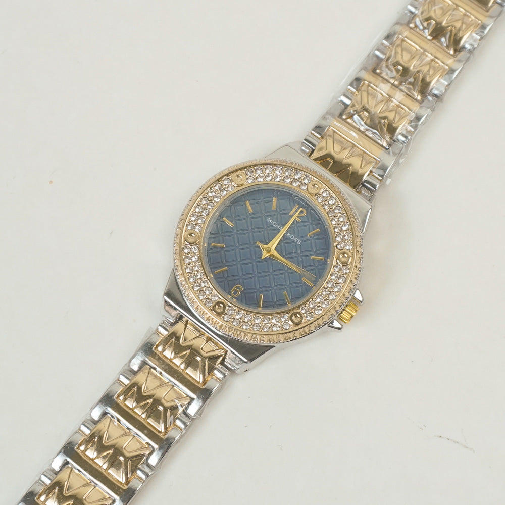 Two Tone Women Stone Design Chain Wrist Watch Golden Blue