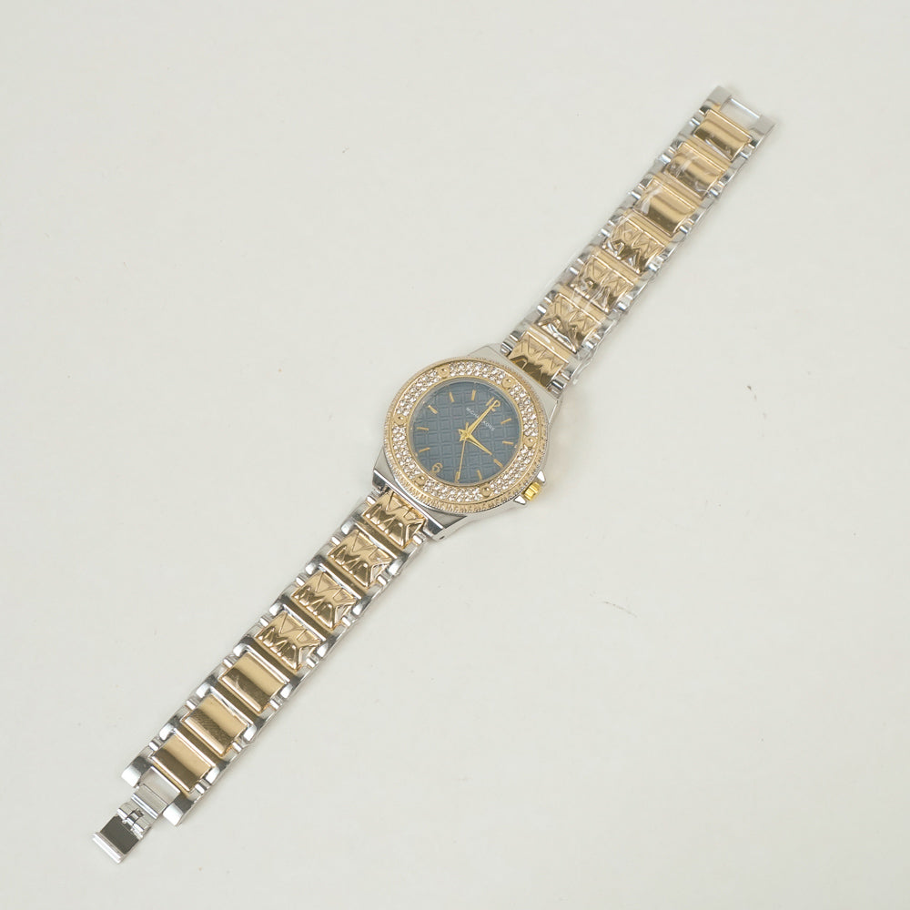 Two Tone Women Stone Design Chain Wrist Watch Golden Blue