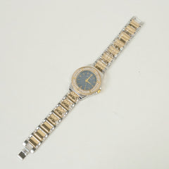 Two Tone Women Stone Design Chain Wrist Watch Golden Blue