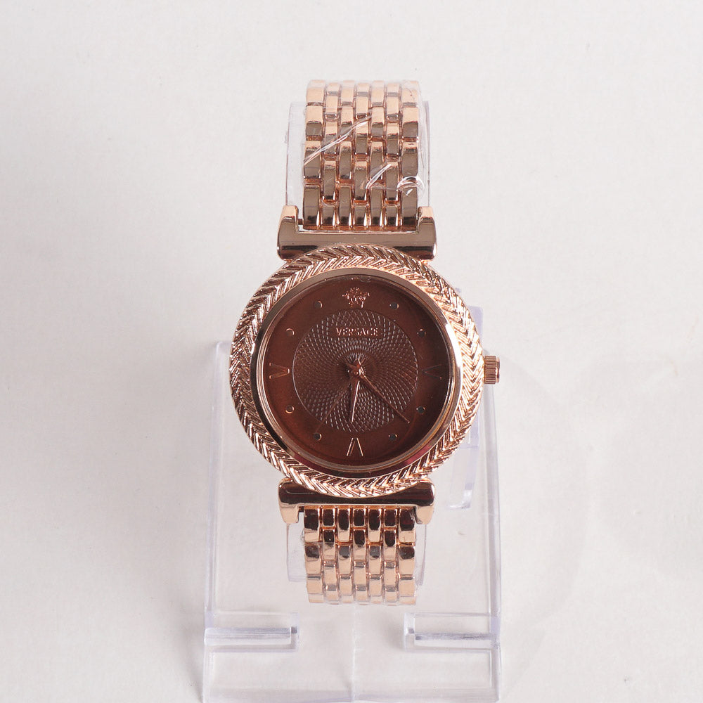 Women Stylish Chain Wrist Watch Rosegold With Brown Dial V