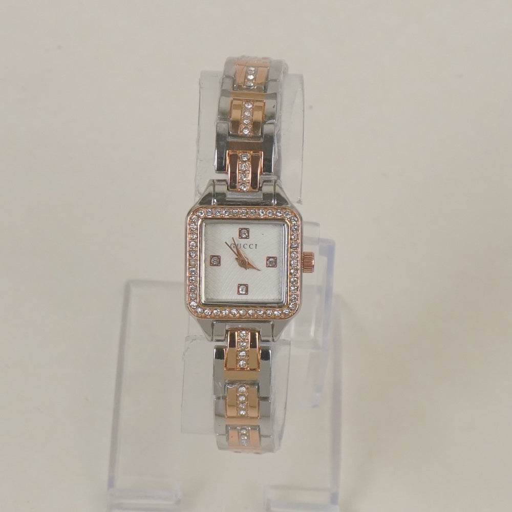 Two Tone Women Stone Design Chain Wrist Watch Rosegold White