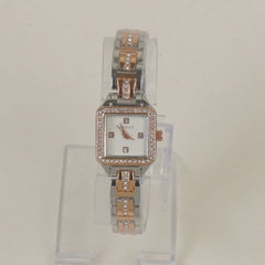 Two Tone Women Stone Design Chain Wrist Watch Rosegold White