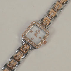 Two Tone Women Stone Design Chain Wrist Watch Rosegold White