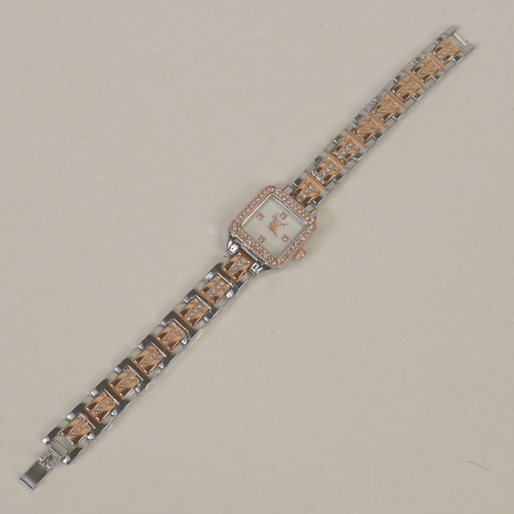 Two Tone Women Stone Design Chain Wrist Watch Rosegold White