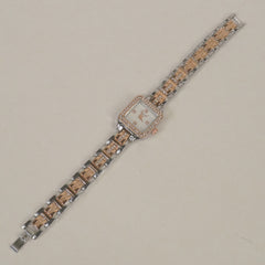 Two Tone Women Stone Design Chain Wrist Watch Rosegold White