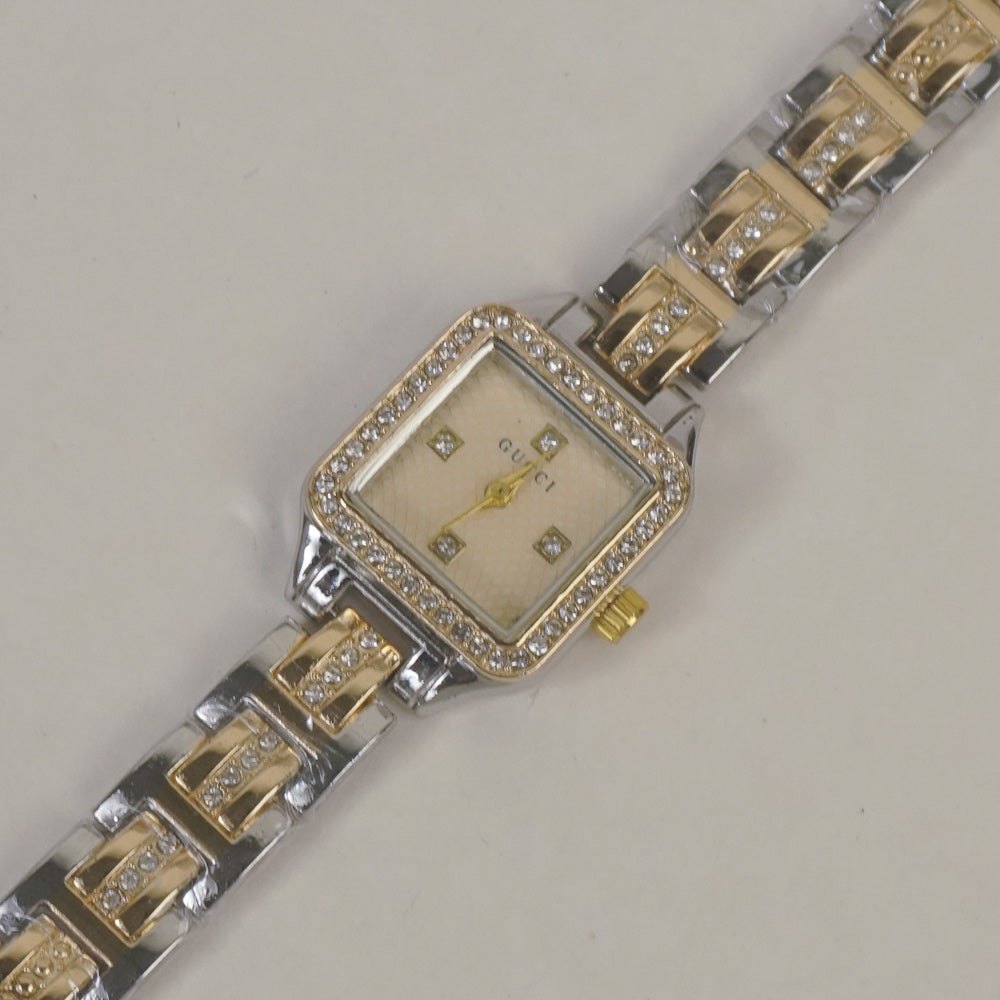 Two Tone Women Stone Design Chain Wrist Watch Golden