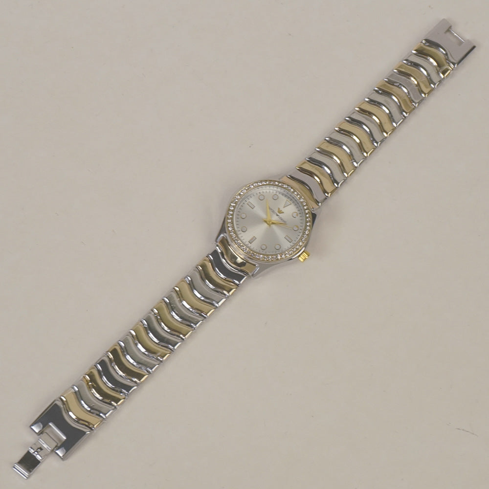 Two Tone Women Stone Design Chain Wrist Watch Golden With Silver Dial