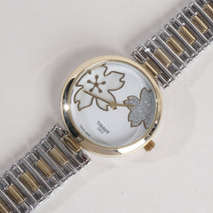 Two Tone Women Stylish Chain Wrist Watch Silver&Golden With White Dial