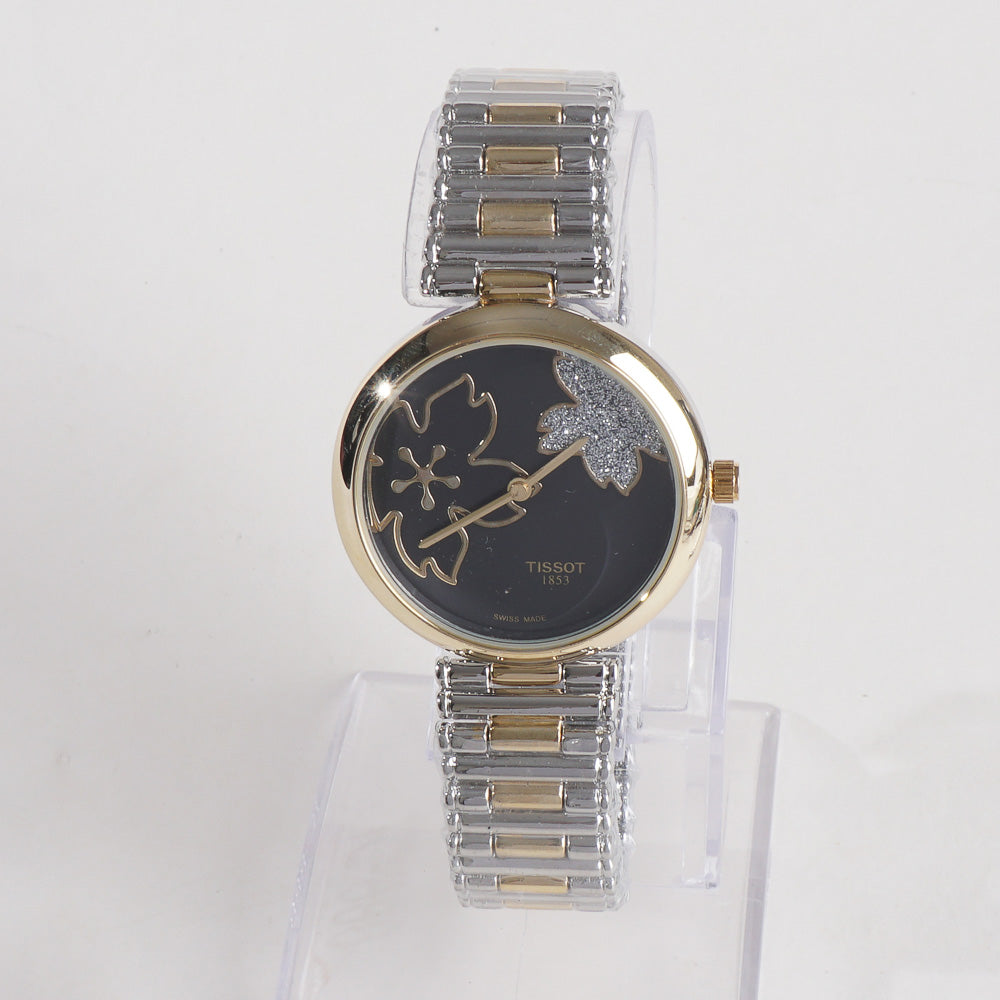 Two Tone Women Stylish Chain Wrist Watch Silver&Golden With Black Dial