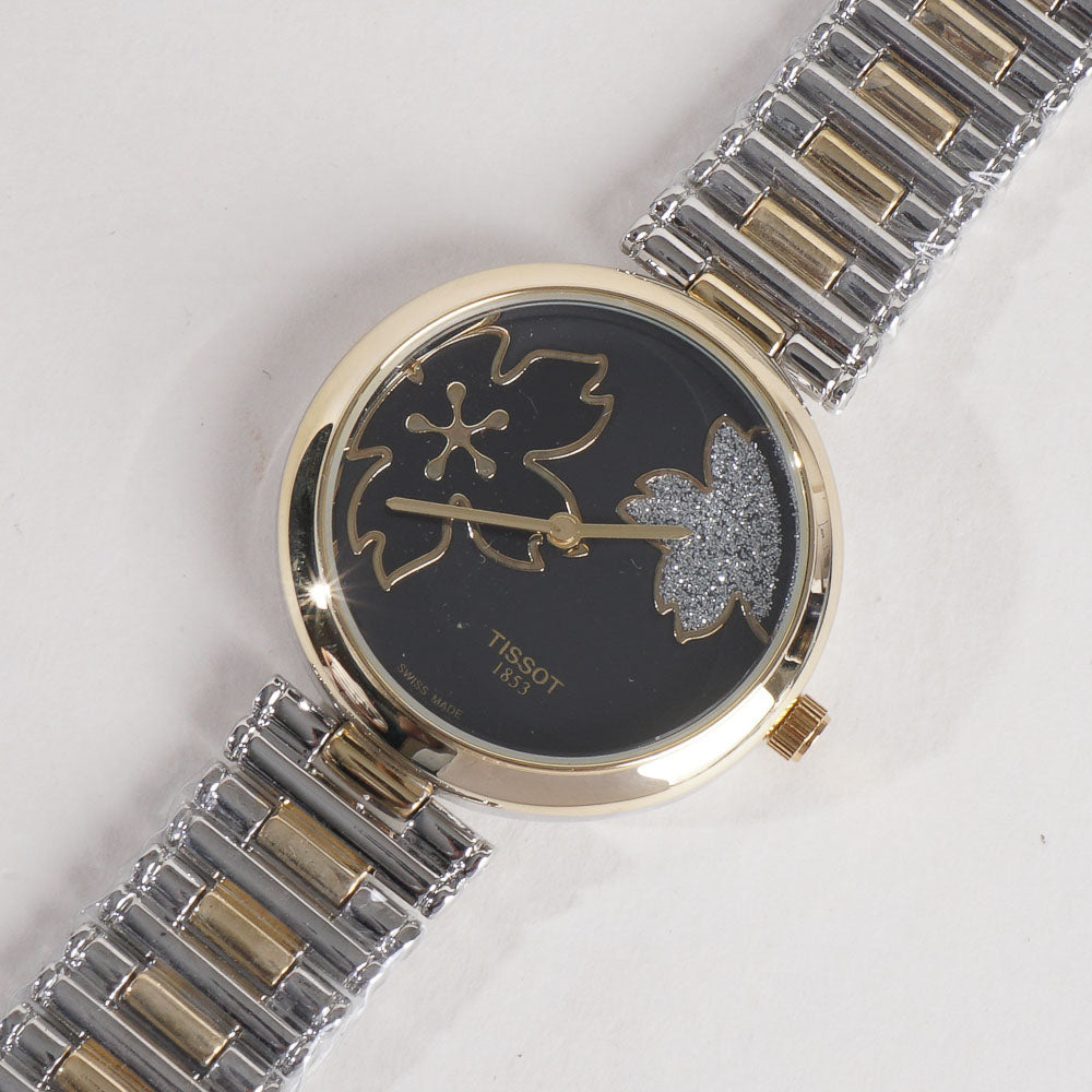 Two Tone Women Stylish Chain Wrist Watch Silver&Golden With Black Dial