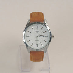 Man's Wrist Watch Silver White with Light Brown Straps