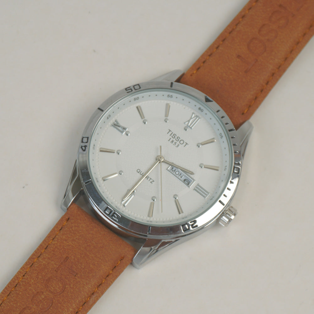 Man's Wrist Watch Silver White with Light Brown Straps