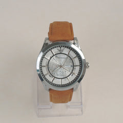 Man's Wrist Watch Silver White with Light Brown Straps