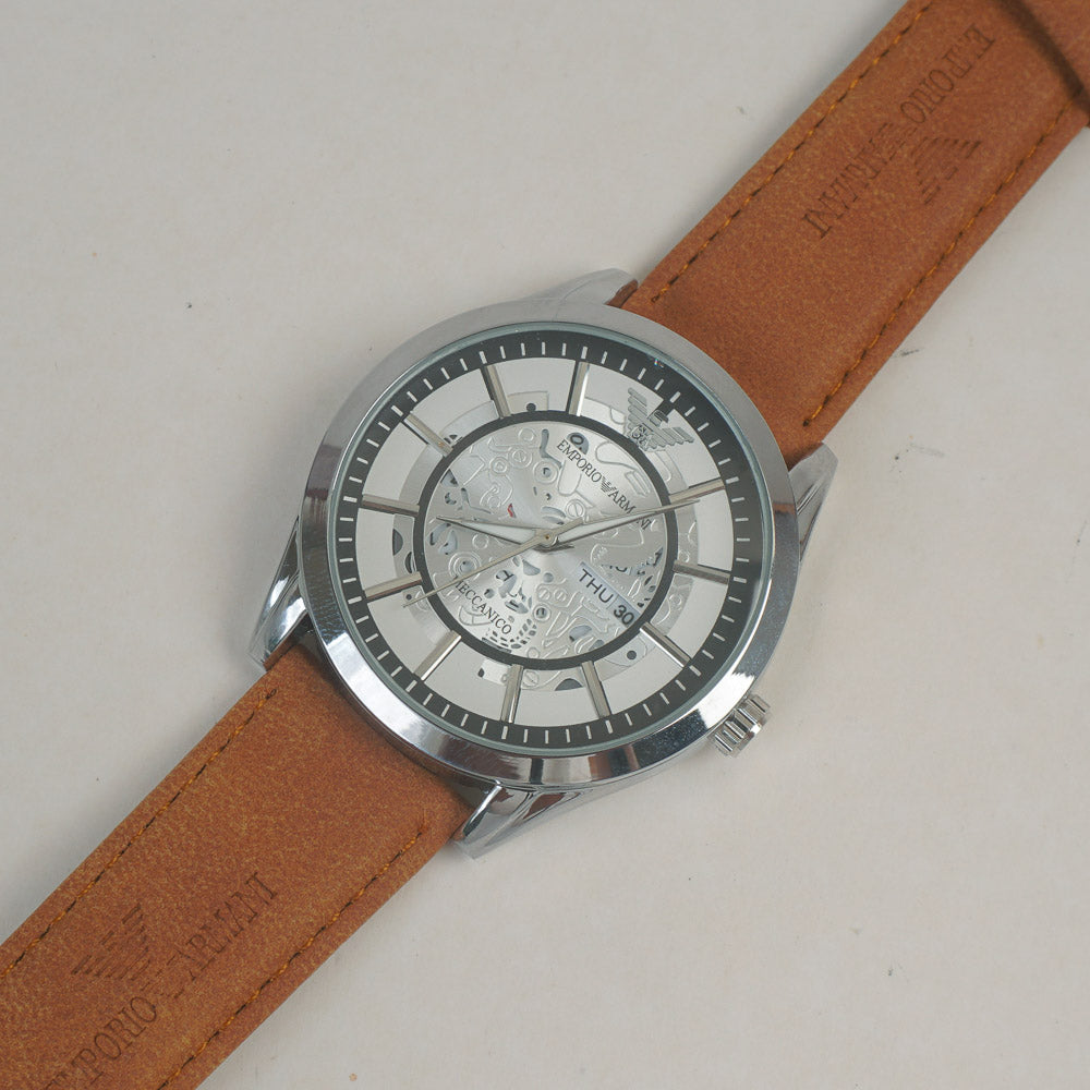 Man's Wrist Watch Silver White with Light Brown Straps