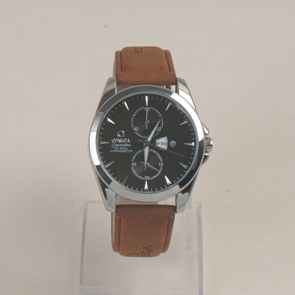 Man's Wrist Watch Silver Black with Brown Straps