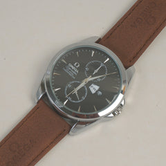 Man's Wrist Watch Silver Black with Brown Straps