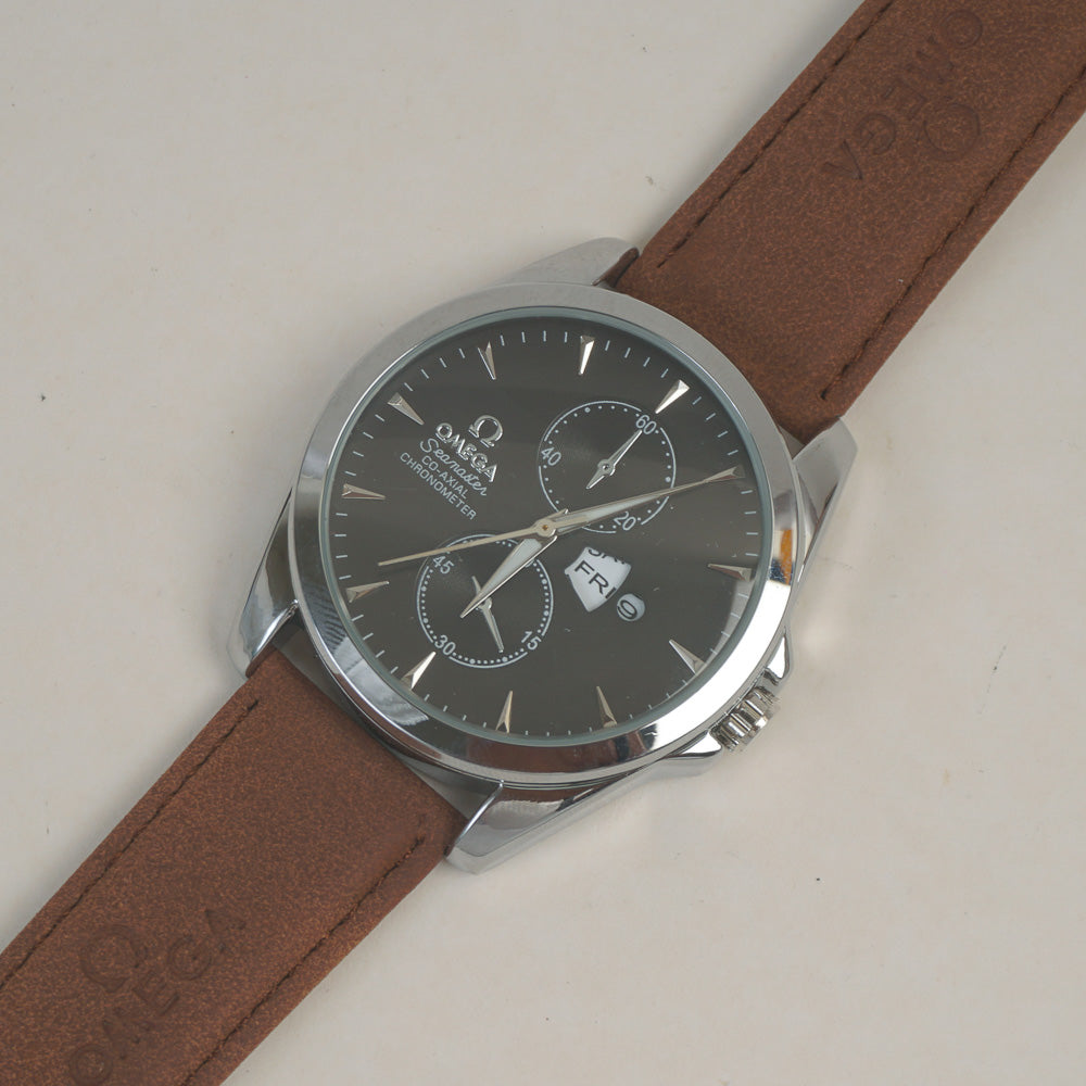 Man's Wrist Watch Silver Black with Brown Straps