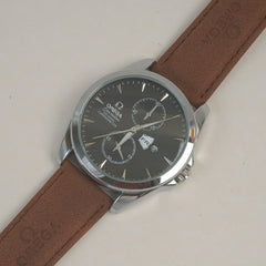 Man's Wrist Watch Silver Black with Brown Straps