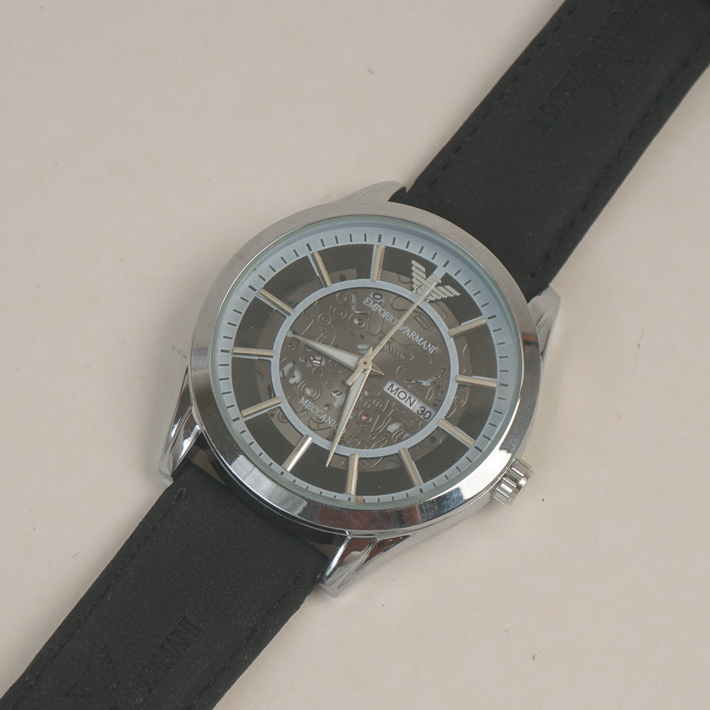 Man's Wrist Watch Silver Black with Black Straps